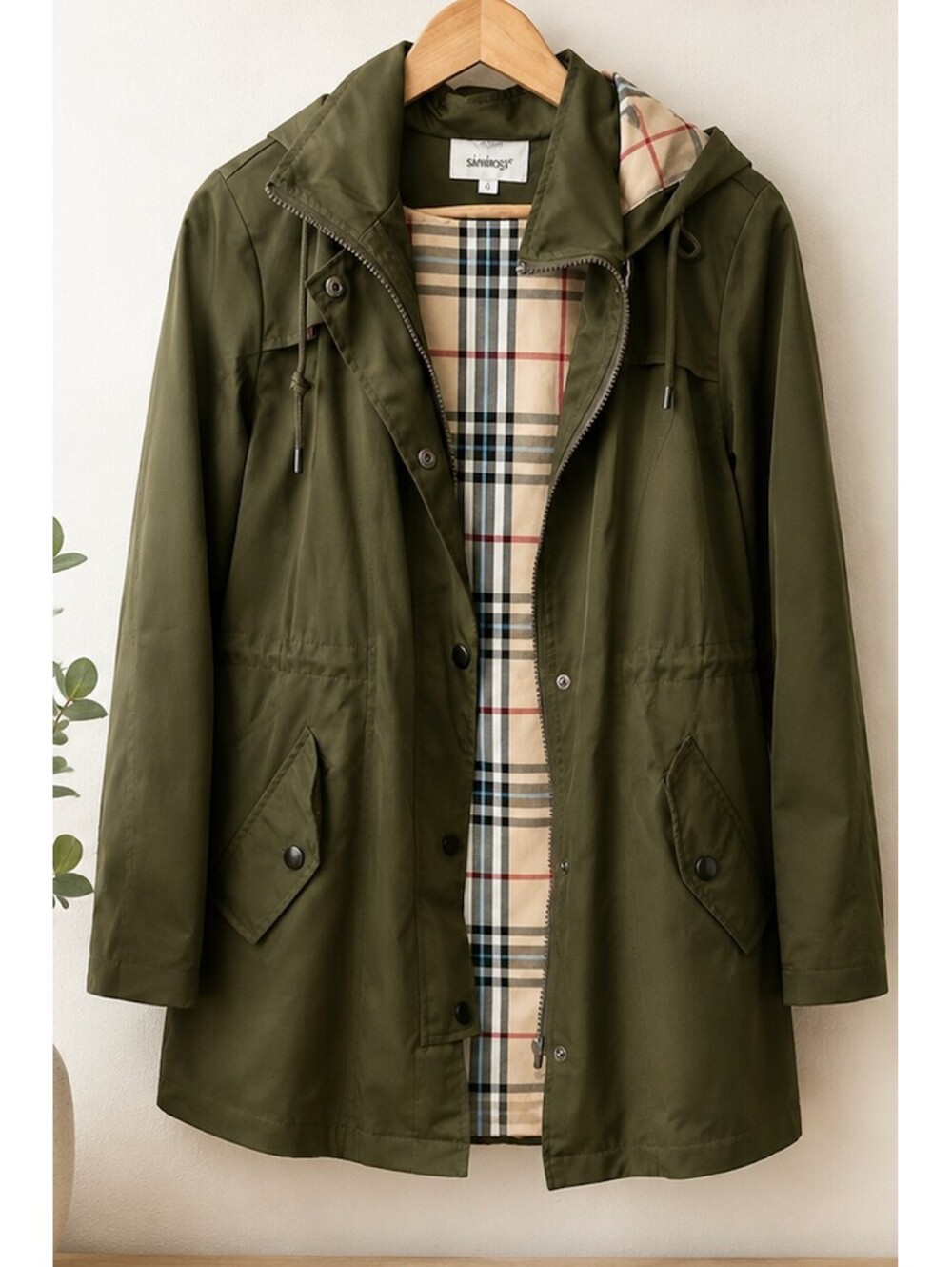 Sapphire Olive Green Hooded Raincoat with Plaid Lining Large